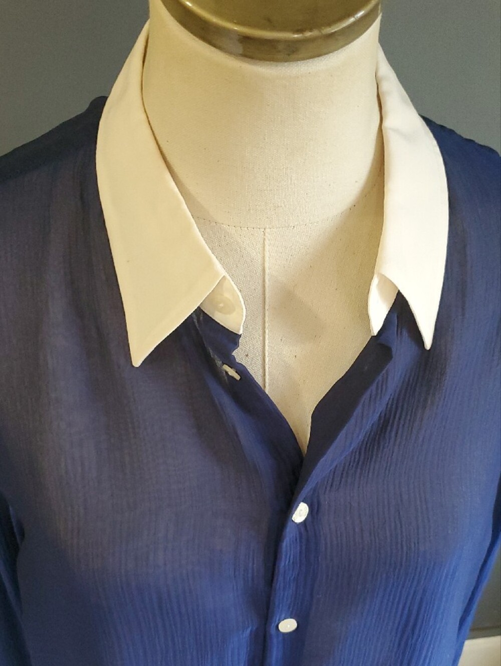 Thomas Pink Navy Sheer Dress Shirt with White Contrast Collar - Picture 6 of 17